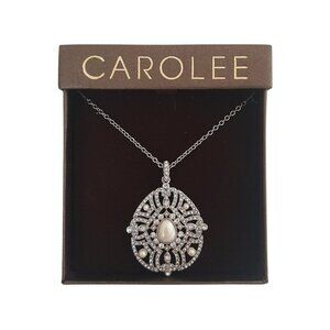 Carolee Silver Vintage Rhinestones Teardrop Pearl Pendant Necklace